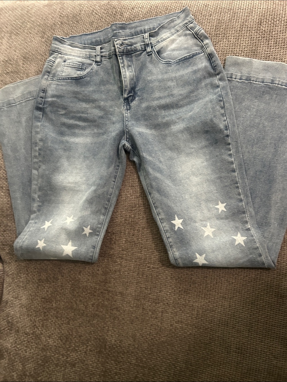 Y2K Star Print Flare Jeans Women’s L Stretch Faded Blue Denim - Picture 13 of 13